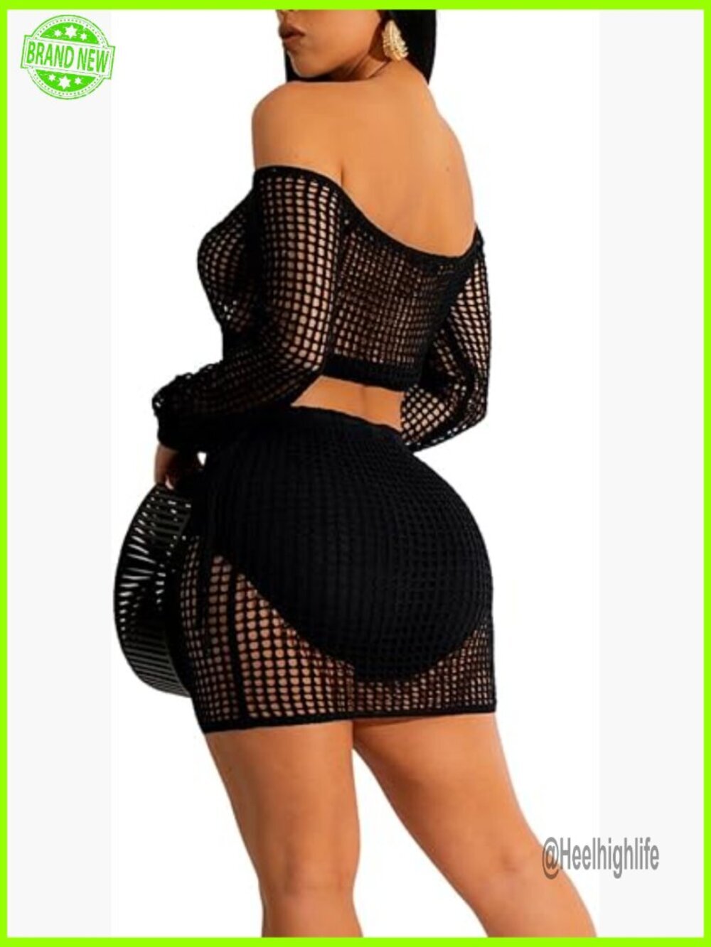 Long Sleeve Crochet Cover Up Set One Shoulder Hollow Top Drawstring Skirt